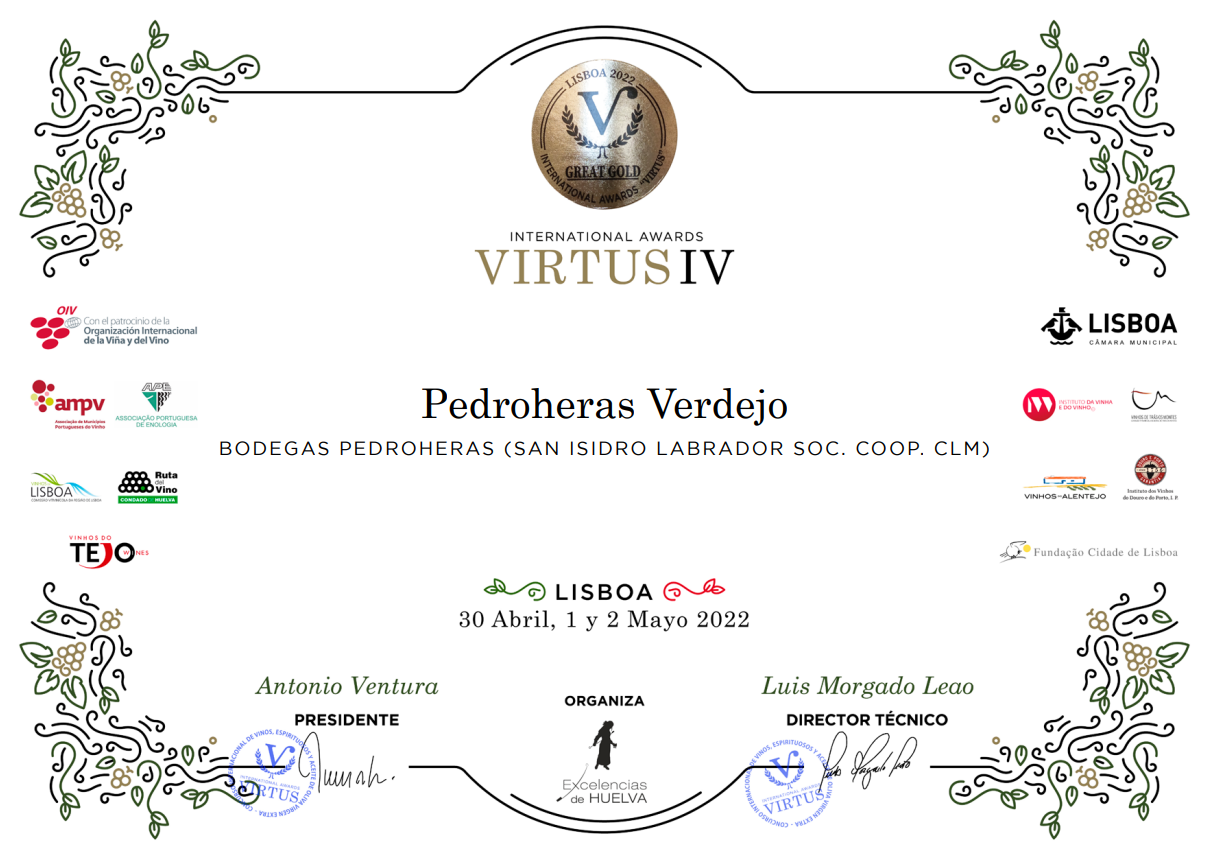 Diploma de reconocimiento oro Virtus Verdejo
